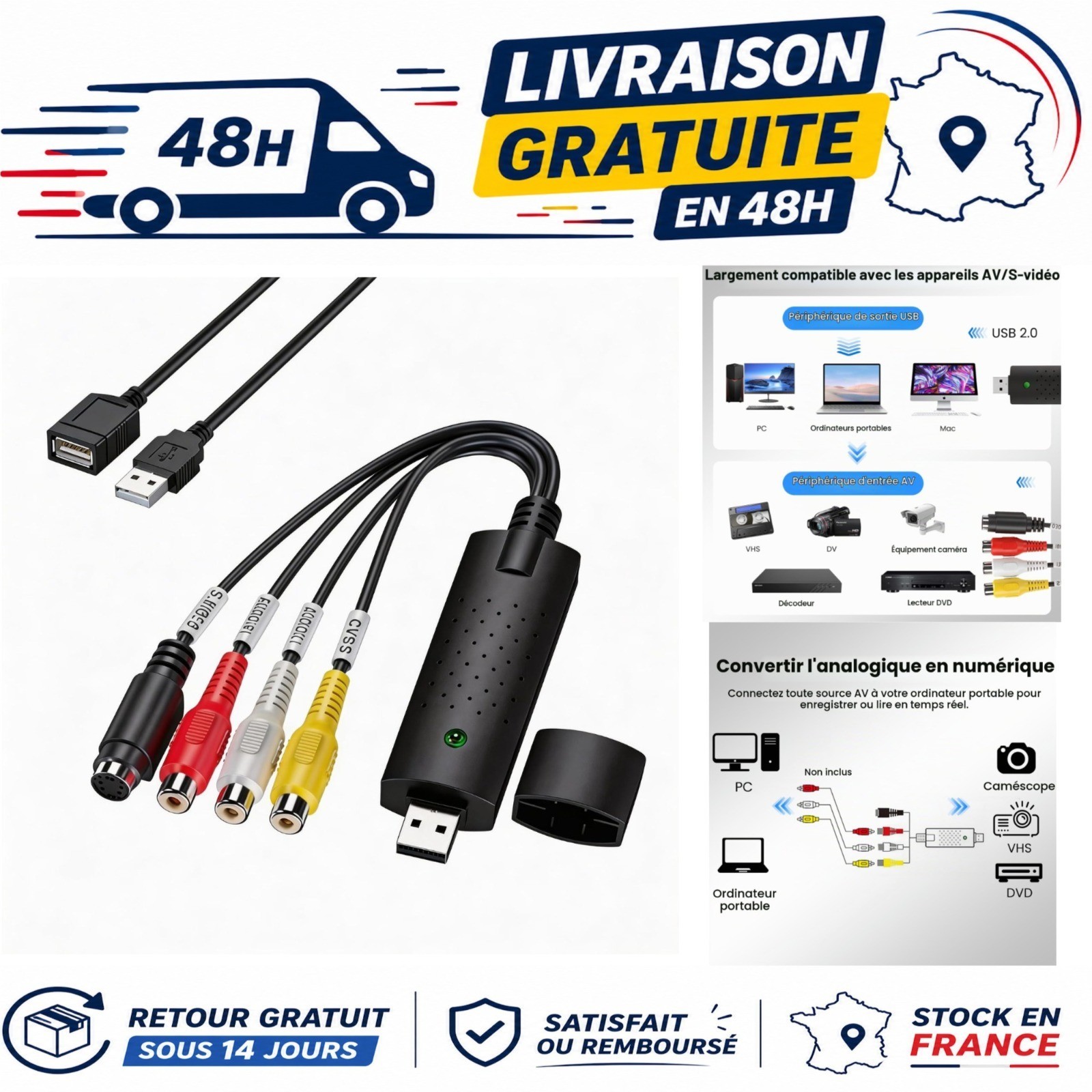 Convertisseur VHS vers Numerique USB Carte Capture Video RCA